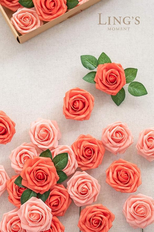 Ling's moment Artificial Flowers 25Pcs Deep Coral Roses Decor w/Stems,3" Real Touch DIY Foam Floral for Wedding Bouquet/Centerpieces, Outdoors Party Backdrop, Room/Table, and Garden/Pot Decorations