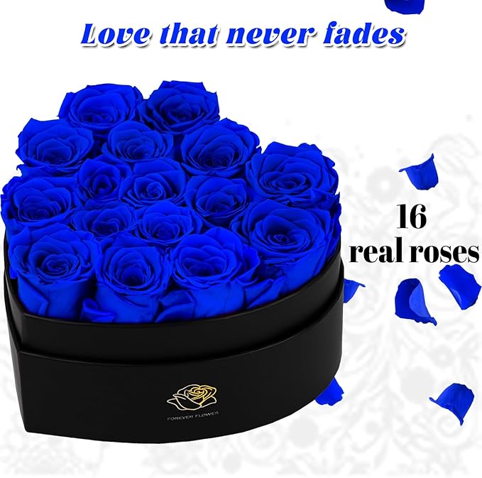 16-Piece Forever Flowers Heart-Shaped Box – Real Immortal Preserved Roses Lasting a Year, Perfect for Birthday, Girlfriend, Mother, or Wife, Valentine Day Gift for Her - Blue