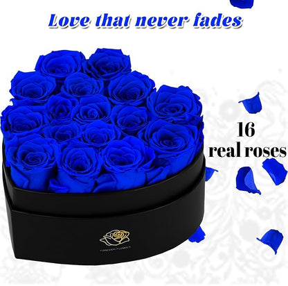 16-Piece Forever Flowers Heart-Shaped Box – Real Immortal Preserved Roses Lasting a Year, Perfect for Birthday, Girlfriend, Mother, or Wife, Valentine Day Gift for Her - Blue