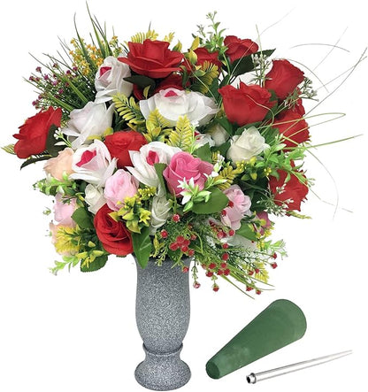Grave Decorations for Cemetery Vase for Flowers with Stakes and Floral Foam, Draining Holes - for Garden, Grave,Cemetery,Lawn, Yard - Memorial Grave Decorations - Nature Granite Colour