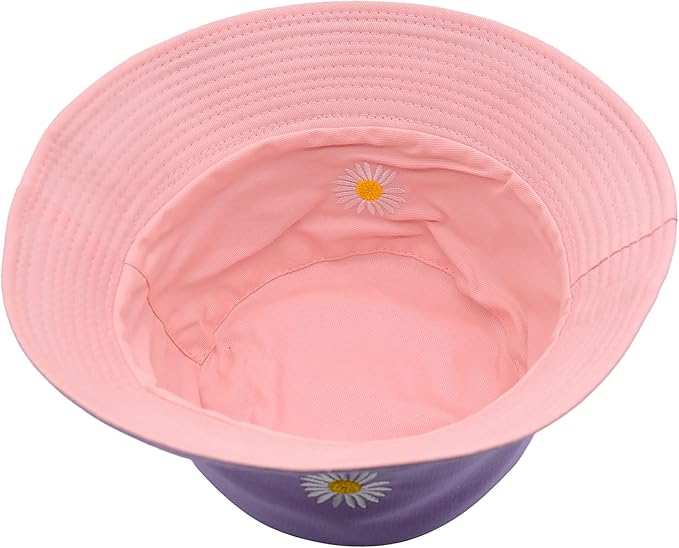 Flower Reversible Bucket Hat Cotton Summer Travel Beach Sun Hats Emboridery for Women Men