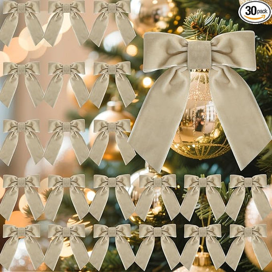 30 Pcs Velvet Ribbon Bows 5" x 4" Pre Tied Christmas Velvet Bows with Twist Tie for Gift Packaging Christmas Tree Wreaths Door Windows Wedding Party Decoration(Champagne)