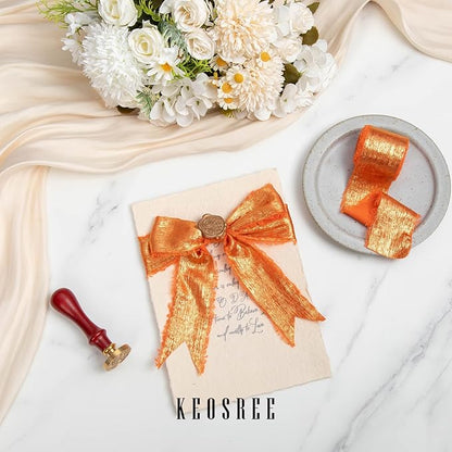Orange Silk Chiffon Ribbon,Terracotta Frayed Shimmery Silk Ribbon for Bridal Flower Bouquet Christmas Gift Wrapping Wedding Decor Invitations Decorations 1.5" x 15 Yards (5Yards X 3 Rolls)