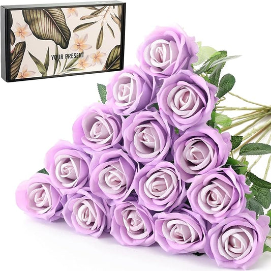 15Pcs Pearl Purple Roses Artificial Flowers Fake Roses Long Stem Velet Rose Silk Flowers for Home Wedding Decoration (Pearl Roses,Purple)