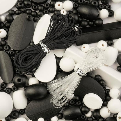 John Bead 90g Craft Beads White and Black Wood Beads with Elastic Nylon Cord