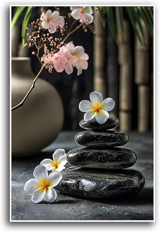 A harmonious black stone stack paired with white and pink flowers bamboo and ceramic vases creates a tranquil Zen decor for minimalist homes and mindful spaces 24x36in Frameless