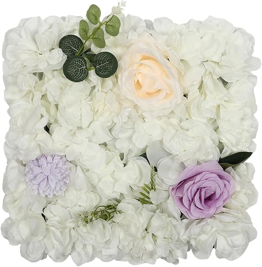 DouSeiAi 12Pcs Artificial Flower Wall Panel 3D Floral Backdrop Wall 15" X 15" Flower Walls Decor Flower Backdrop Faux Flowers Panel for Wedding Party Home Decoration, White/Purple