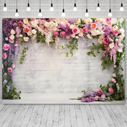 6x4ft Retro White Brick Wall Floral Backdrop Vine Leaves Rose Flowers Photography Background Bridal Shower Wedding Party Birthday Banner Decorations Adults Portrait Photo Booth Prop