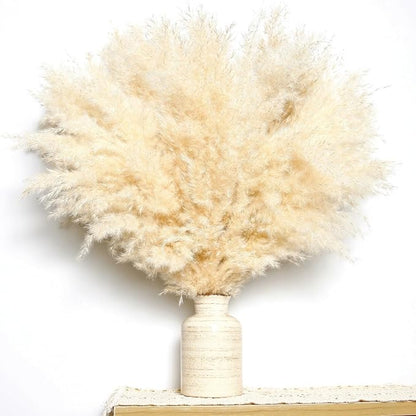 10 PCS Beige Pampas Grass Decor, Naturally Dried Pompas, Bunny Tails Dried Flowers, and Dried Eucalyptus. Perfect for Weddings, Boho Party Decorations, and Table Decor(17inch)
