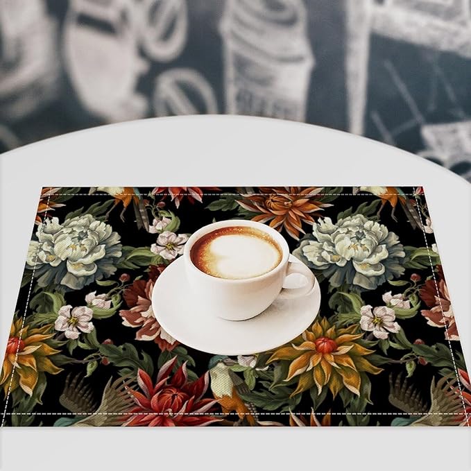 Vintage Floral Placemats Set of 4, 17x12 Inch Colorful Flowers Birds Green Leaves Black Retro Aesthetic Art Print Table Mats for Home Party Kitchen Dining Decor
