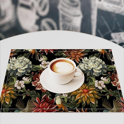 Vintage Floral Placemats Set of 8, 17x12 Inch Colorful Flowers Birds Green Leaves Black Retro Aesthetic Art Print Table Mats for Home Party Kitchen Dining Decor