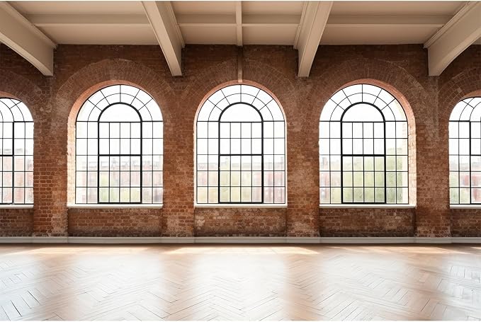 Large Empty Room Backdrop Concrete Walls Wooden Floor with Big Arched Windows Photography Background Empty Loft Style with Brick Wall Photography Decorations Photo Booth Shoot Studio Props 10x6.5ft
