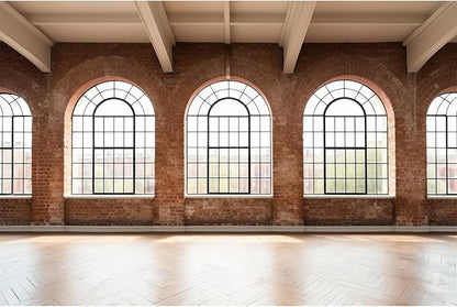Large Empty Room Backdrop Concrete Walls Wooden Floor with Big Arched Windows Photography Background Empty Loft Style with Brick Wall Photography Decorations Photo Booth Shoot Studio Props 15x8ft