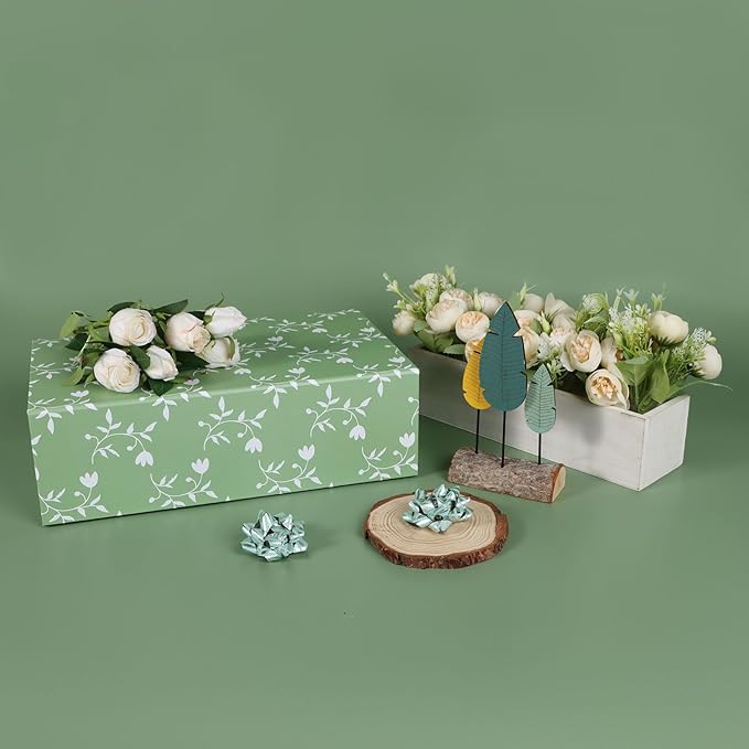Green Leaves Gift Box with Magnetic Lids 13.8x8.3x4.4 in, Large Bridesmaid Proposal Boxes, Rectangle Wedding Decorative Storage Box 1 Pack