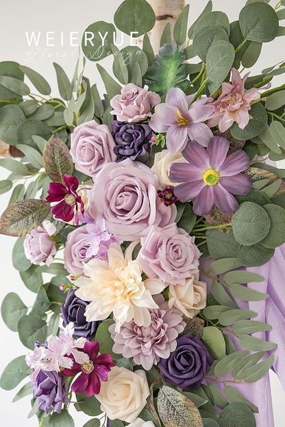 Deluxe Purple Artificial Wedding Arch Flowers with Drapes Kit-Pack of 5, 2pcs Flower Arrangements 3pcs Hanging Sheer Drapes Blue Ceremony Arbor Reception Backdrop Rose Floral Decorations.