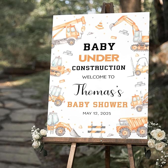 Custom Baby Shower Sign Outdoor, Personalized Baby Boy Shower Yard Sign Orange, Under Construction Party Signs Decoration Theme