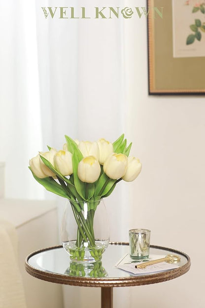 WELL KNOWN 12 Pcs Tulips Artificial Flowers in Vase, Real Touch Tulips with Vase with Upgrate Acrylic Water Flower Arrangements Centerpiece for Dining Room Table Decoration（Cream）