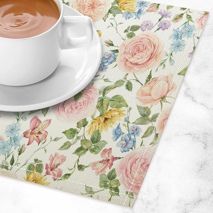 Colorful Floral Placemats Set of 4, 17x12 Inch Watercolor Spring Botanical Aesthetic Wildflower Nature Rustic Art Printed Table Mats for Home Party Kitchen Dining Decor