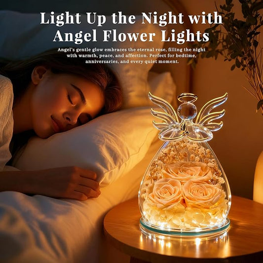 Beferr Christmas Birthday Gifts for Women, Mom Gifts for Christmas Fresh Flowers for Delivery Prime Forever Preserved Rose in Glass Angel Figurine Xmas Gifts for Grandma Wife Sister Her, Champagne