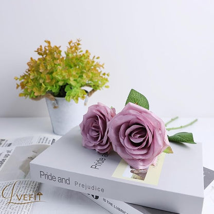12pcs Artificial Rose Flower Mauve Rose Flower with Long Stem Silk Roses Bouquet for Wedding Bridal Shower Party Home Decoration