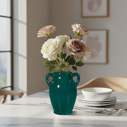 Sunddo Modern Ceramic Vase for Decor - 8 Inch Green Decorative Vase with 2 Handles, Pampas Grass Vases for Centerpieces, Living Room,Table Dining, Mantle, Console, Kitchen Decor
