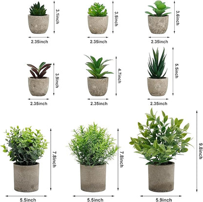 Artificial Potted Plants Faux Greenery in Cement Pots for Shelf, Bookshelf, Office or Home Decor, Small Decorative Fake Plants for Modern Indoor Display (9, XXXL)