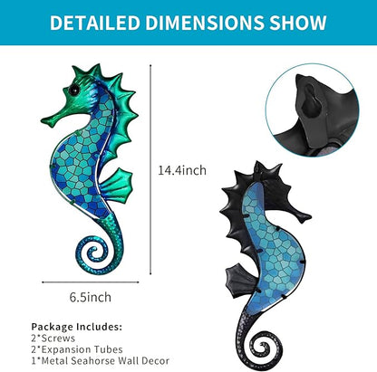 LIFFY Metal Seahorse Wall Art Mosaic Glass Ocean Wall Decor Coastal Sculpture Hanging Decoration for Home Garden Fence Pool Beach Bathroom