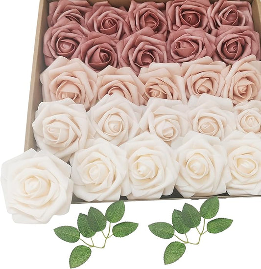 Artificial Flowers 25pcs Roses, Shade of Caramel Foam Fake Rose Faux Flower for DIY Wedding Bouquets Bridal Shower Centerpieces Floral Arrangements Party Tables Home Decorations