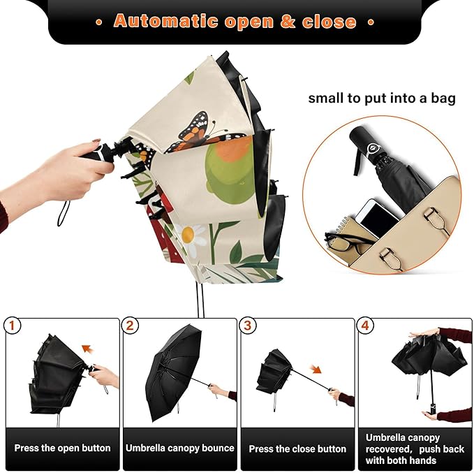 Automatic Folding Umbrella Windproof Strong, UV Protection Compact Floral Hydrangea Hummingbird Sun Rain Sun Rain Travel Umbrellas for Women Men