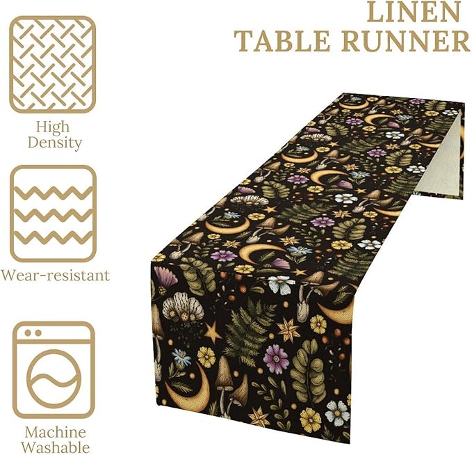 Vintage Mushroom Table Runner, Rustic Botanical Flowers Fern Moon Star Print Table Runner for Home Kitchen Dining Table Decoration Indoor Outdoor Party, 13x70inch