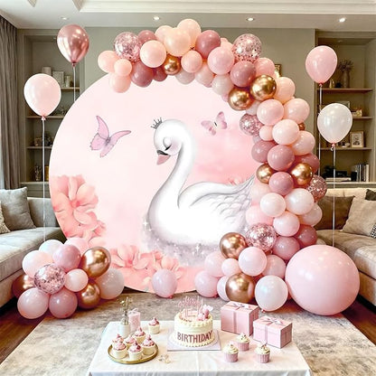 AOFOTO Swan Round Backdrop Pink Floral Butterfly Print Photography Background for Baby Shower Women Newborn Girls Birthday Party Banner Home Wall Decor Photo Studio Booth Props 5x5ft