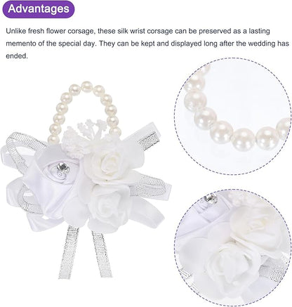 MECCANIXITY 12Pcs Wrist Corsage Artificial Flower Bracelets Rose Wrist Bride Groom Decorative for Wedding Ceremony Prom Party Anniversary White