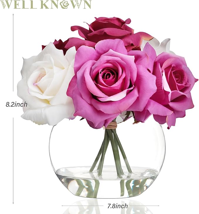 WELL KNOWN Artificial Flowers with Vase, Artificial Rose Flower Arrangements, Silk White & Pink Roses Bouquet in Glass Vase with Fake Water for Home Office Hotel Wedding Party Dinning Table Decor Gift