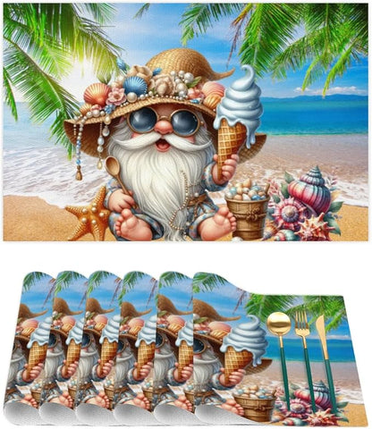 PVC Placemats Set of 6 Summer Gnomes Cute Wipeable Table Mats Washable Heat Resistant Non Slip Vinyl Dining Table Mat for Kithen Indoor Outdoor Patio Farmhouse Place Mats Decorative