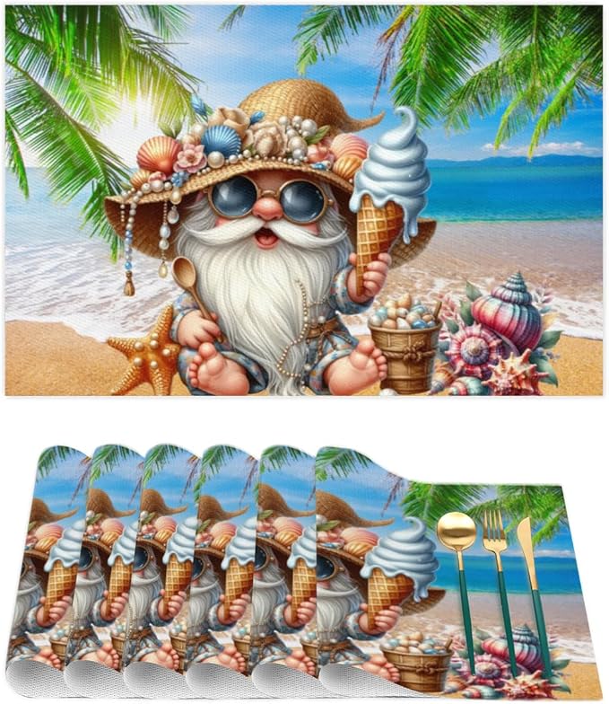 PVC Placemats Set of 1 Summer Gnomes Cute Wipeable Table Mats Washable Heat Resistant Non Slip Vinyl Dining Table Mat for Kithen Indoor Outdoor Patio Farmhouse Place Mats Decorative