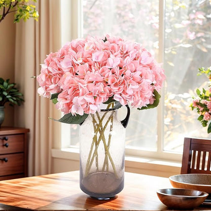 Kimura's Cabin 6pcs Pink Fake Hydrangea Flowers Artificial Silk Hydrangea Bouquets Faux Hydrangea with Stems for Wedding Home Party Table Core Decoration (Pink, Pack of 6)