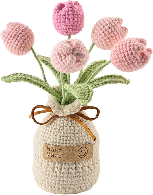 Crochet Woven Tulips with Wool,Simulation Plant Crochet Hand-Woven Flowers for Home Room Table Office Ornaments and Birthday Gifts for Family Friends Anniversary（5 Flowers-Pink ）