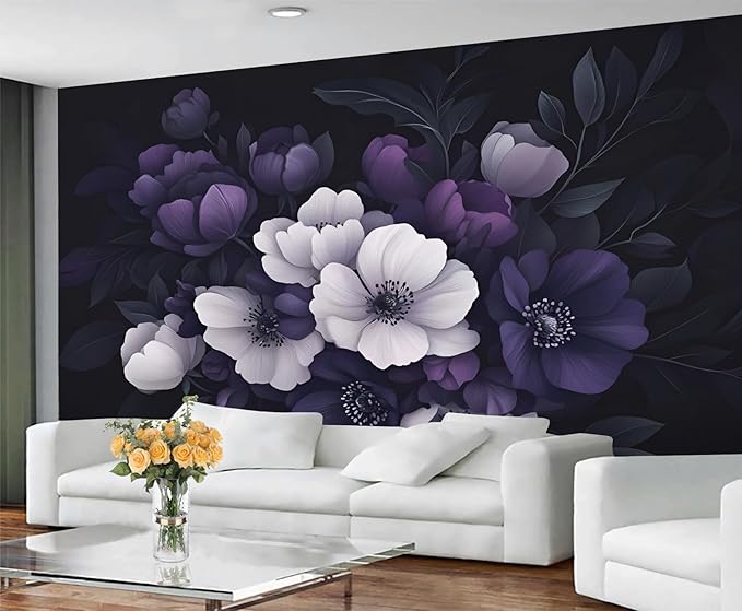 Dark Peony Floral Wall Mural, Purple and Black Flower 3D Wall Murals, Luxury Botanical Wallpaper Mural, for Living Room Bedroom Large Wallpaper Indoor Decor 137.8" W x100 H