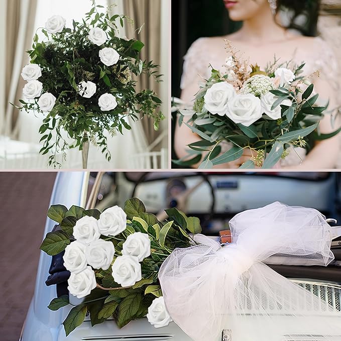 200PCS Artificial Flowers White Roses Real Looking Foam Fake Roses with Leaves and for DIY Wedding Bouquets Bridal Shower Centerpieces Party Decorations (White, 200)