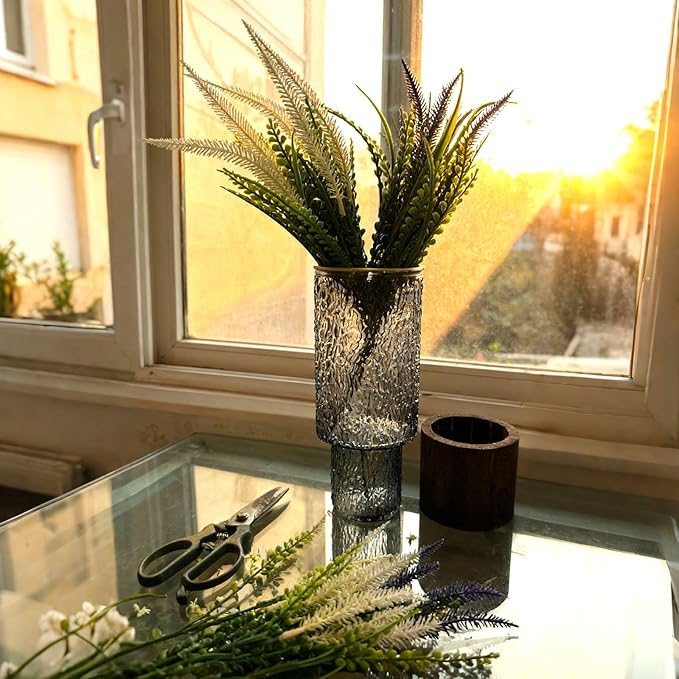 10 Inch Large Artistic Wood Base Glass Cylinder Flower Vase, Ins Modern Boho Water Wave Style for Home Kitchen Fireplace Office Desks, Houses, Garden Decorations