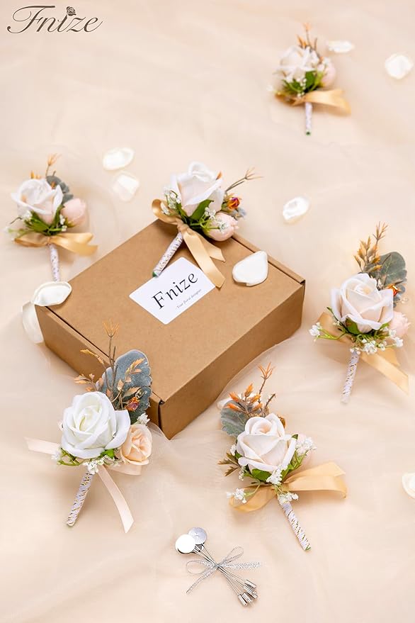 Fnize Champagne Boutonniere for Men, 6 Pcs Groom Groomsmen Boutonnieres, Artificial Flowers for Wedding Prom Homecoming