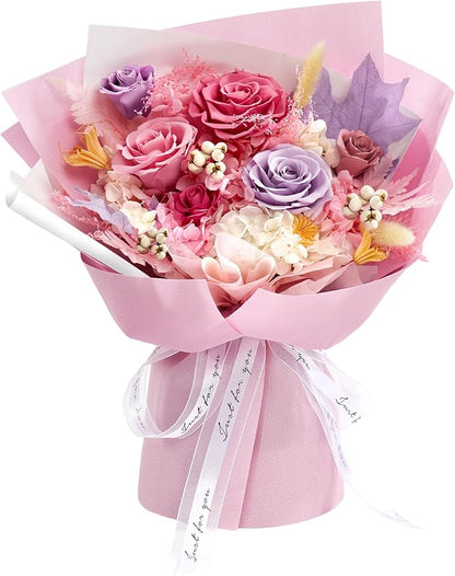 Preserved Flowers Roses Bouquet with Vases Real Pink Flowers for Delivery Prime, Forever Glitter Rose Bouquets Kit,Handmade Flowers Eternal Rosas,Gifts for Graduation Mom Women Birthday(Pink)