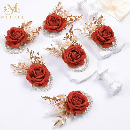 Meldel Orange Velvet Rose Wrist Corsage, Set of 6, Wedding Bridal Flower Corsage Hand Decor for Prom Party Homecoming, Wristband Flowers Bride, Bridesmaid, Girl