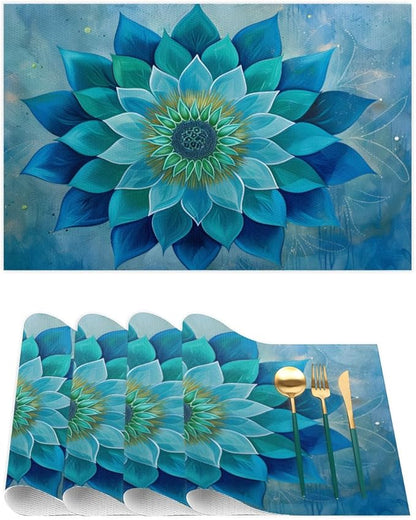 Teal Flower Mandala Placemats Set of 4 PVC Vinyl Non Slip Table Mats Waterproof Heat Resistant Place Mats Washable Wipeable Dining Table Mat for Kitchen Party Indoor Outdoor Decorative