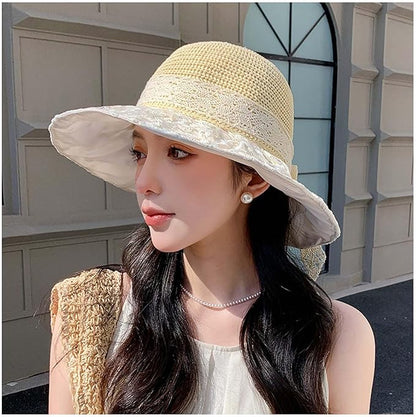 Women's Sun Shade Hat UPF 50+ - Foldable Straw Beach Cap with Lace Bow, Breathable Summer Travel Hat for Women