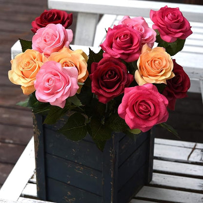 FiveSeasonStuff Fake Roses Wedding Flowers Real Touch Silk Medley Rose Mix Artificial Flowers (Yellow, Dark Red, Coral Pink, Pink) 12 Stems