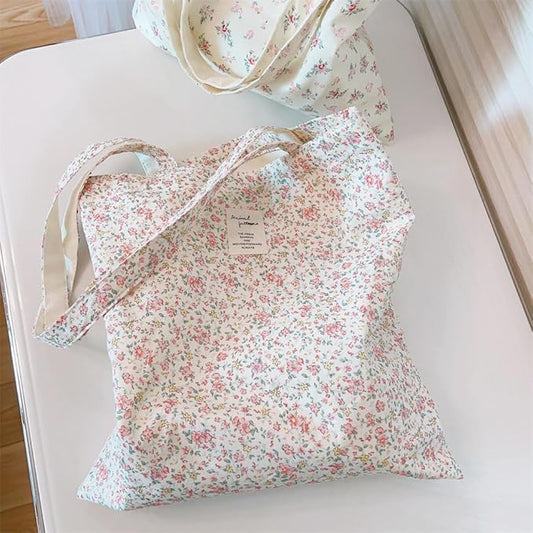 Cotton Canvas Tote Bag Reusable Soft Grocery Cloth Bag Floral Shoulder Bag for Beach Travel Shopping