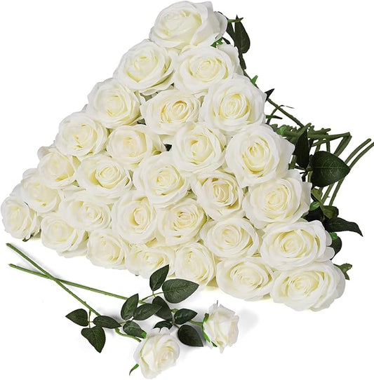 JUSTOYOU 30PCS Artificial Roses Silk Flowers in Bulk, Realistic White Fake Roses for Wedding Decorations, Home Decor, Centerpieces, Indoor Floral Arrangements