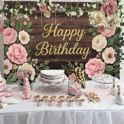 Wooden Floral Birthday Backdrop Pink and Gold Rustic Wood Birthday Party Background Girls Women Cake Table Favors Flowers Bday Cake Smash Photo Booth Banner with Copper Grommet