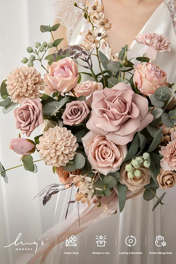 Ling's moment Dusty Rose Wedding Bouquets for Bride, Pink Bridal Bouquets for Bride, 13 Inch Free Form Artificial Wedding Flower Bouquet